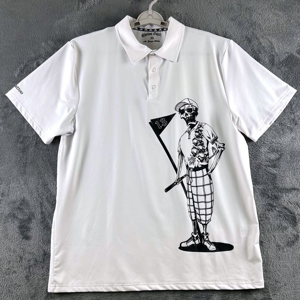Tattoo Golf Mr. Bones Series White Golf Polo Shirt Mens XL‎ Skeleton Graphic